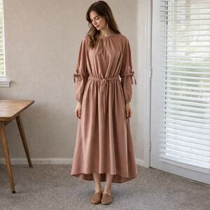 Organic Cotton Dusty Rose Midi Dress Long Sleeve Cottagecore Modern Praire - 16Y